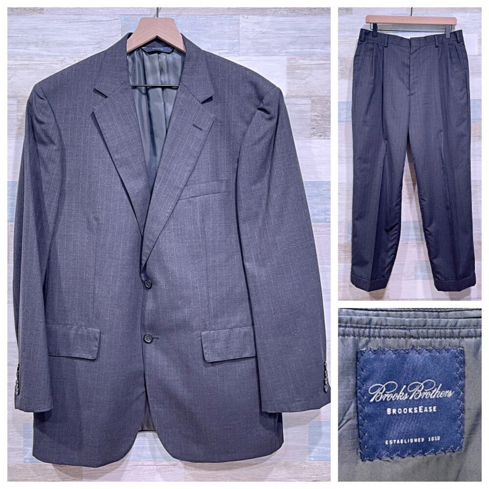 Brooks Brothers Brooksease Wool Suit Gray Stripe Mens 42R Pleated Pants 33W